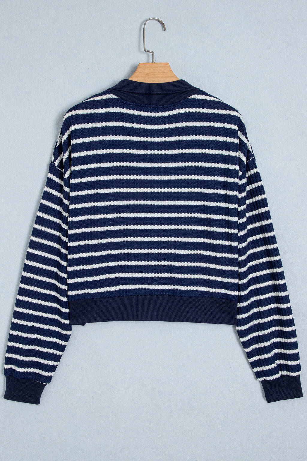 Blue Stripe Textured Knit Half Zip Collared Long Sleeve Top