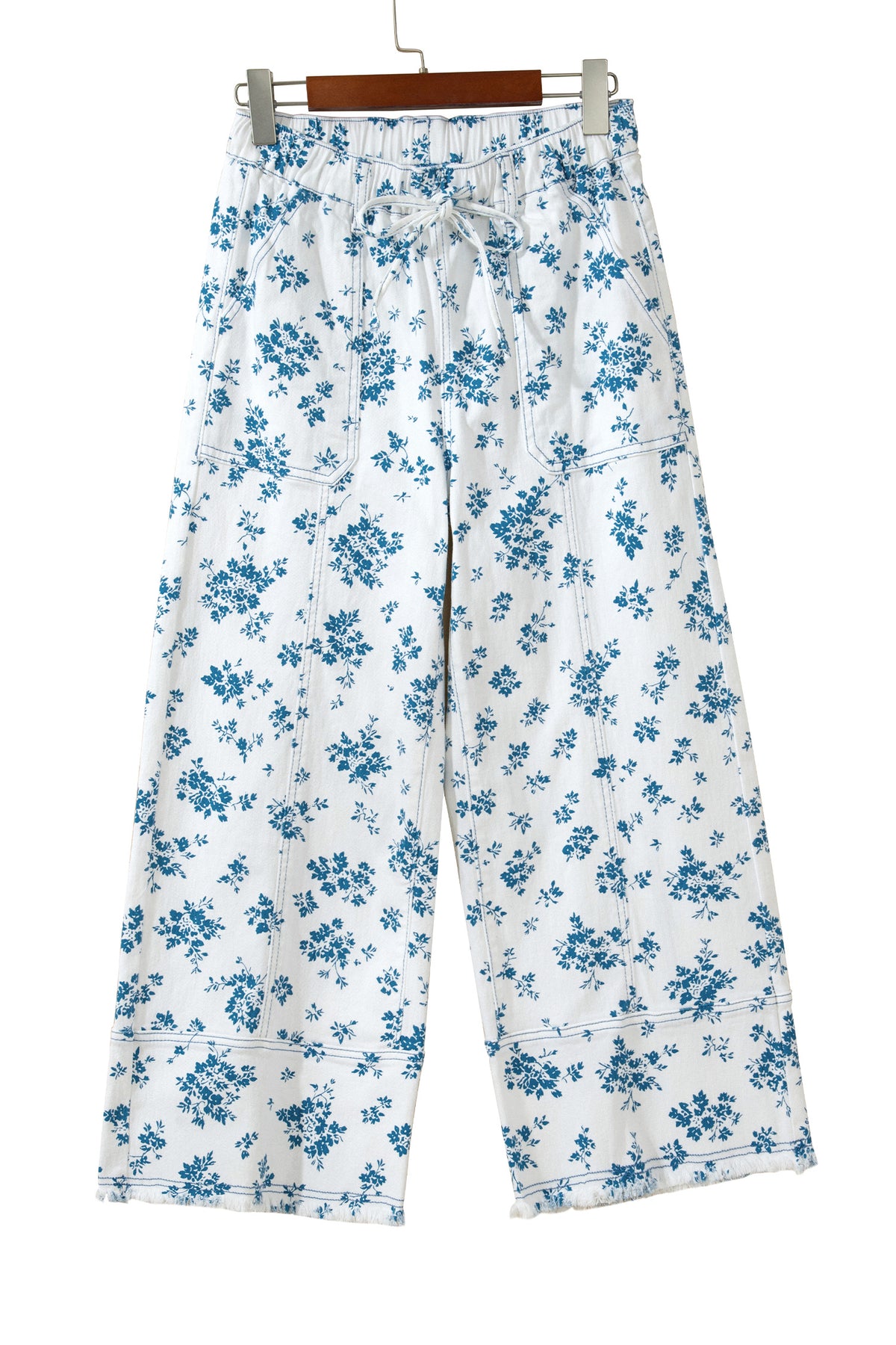 Sky Blue Floral Print Straight Leg Jeans