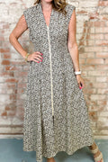 Beige Leopard Zip Front V Neck Cinched Waist Sleeveless Maxi Dress