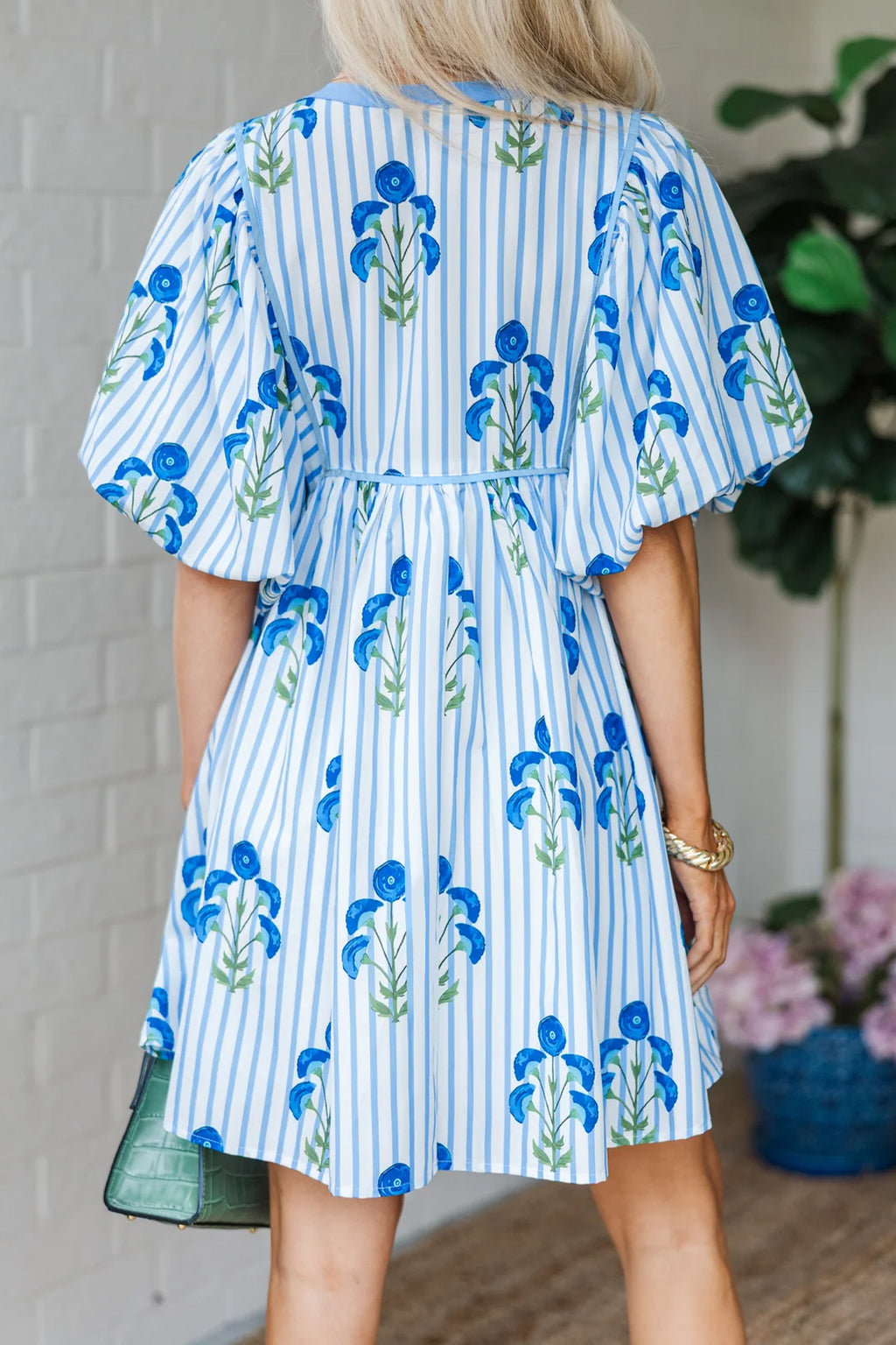 Pink Floral Striped Print Tie Notched Neck Puff Sleeve Flared Mini Dress