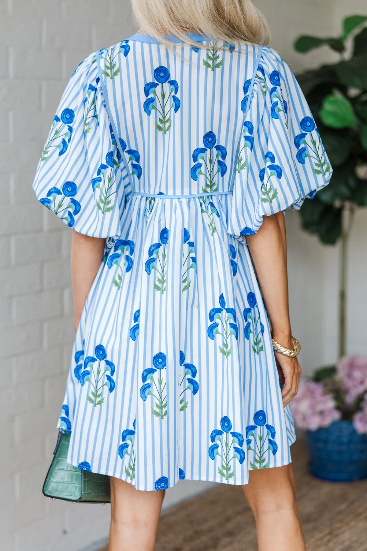 Pink Floral Striped Print Tie Notched Neck Puff Sleeve Flared Mini Dress