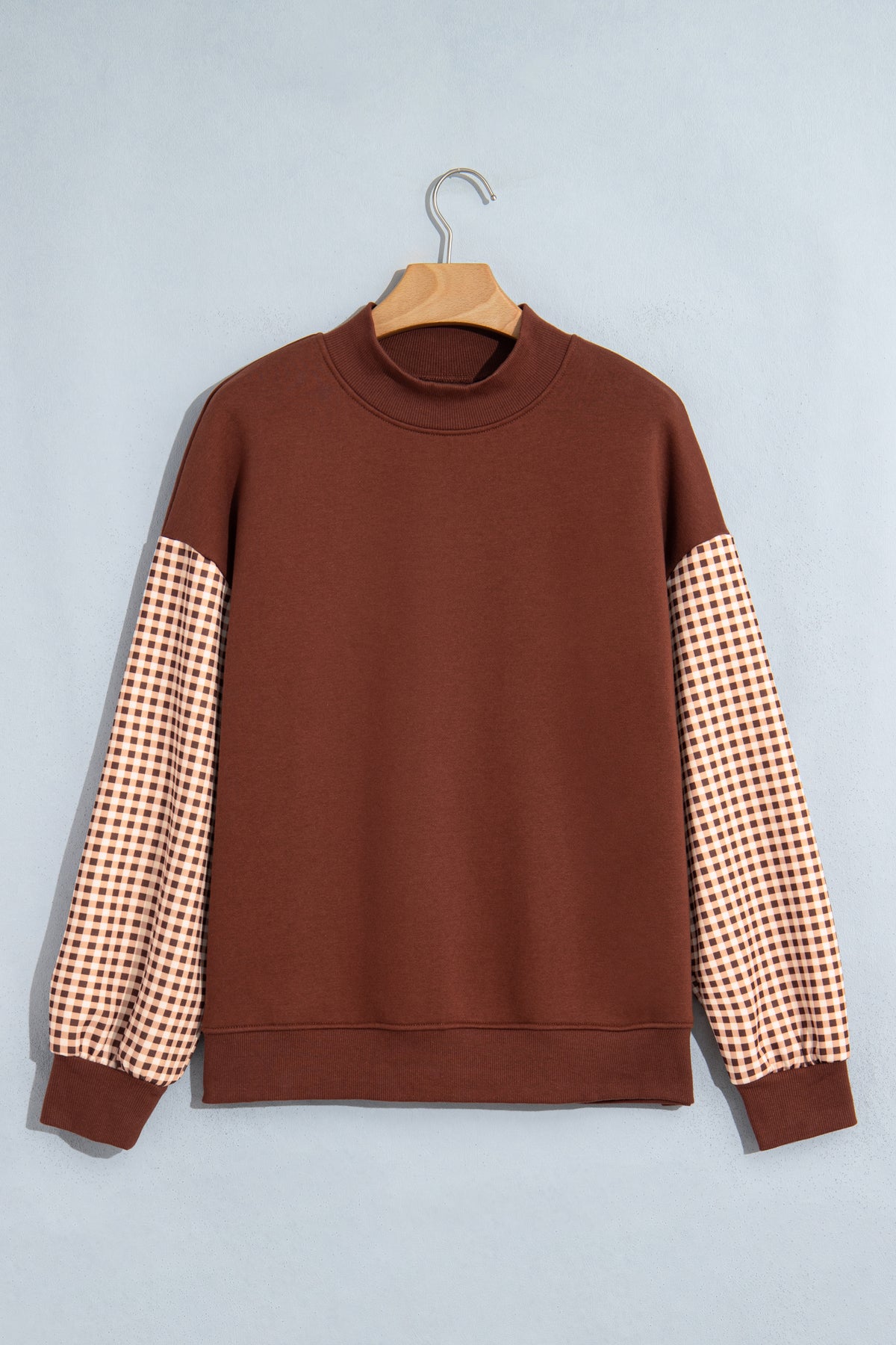Russet Orange Plaid Sleeve Colorblock Loose Tunic Sweatshirt