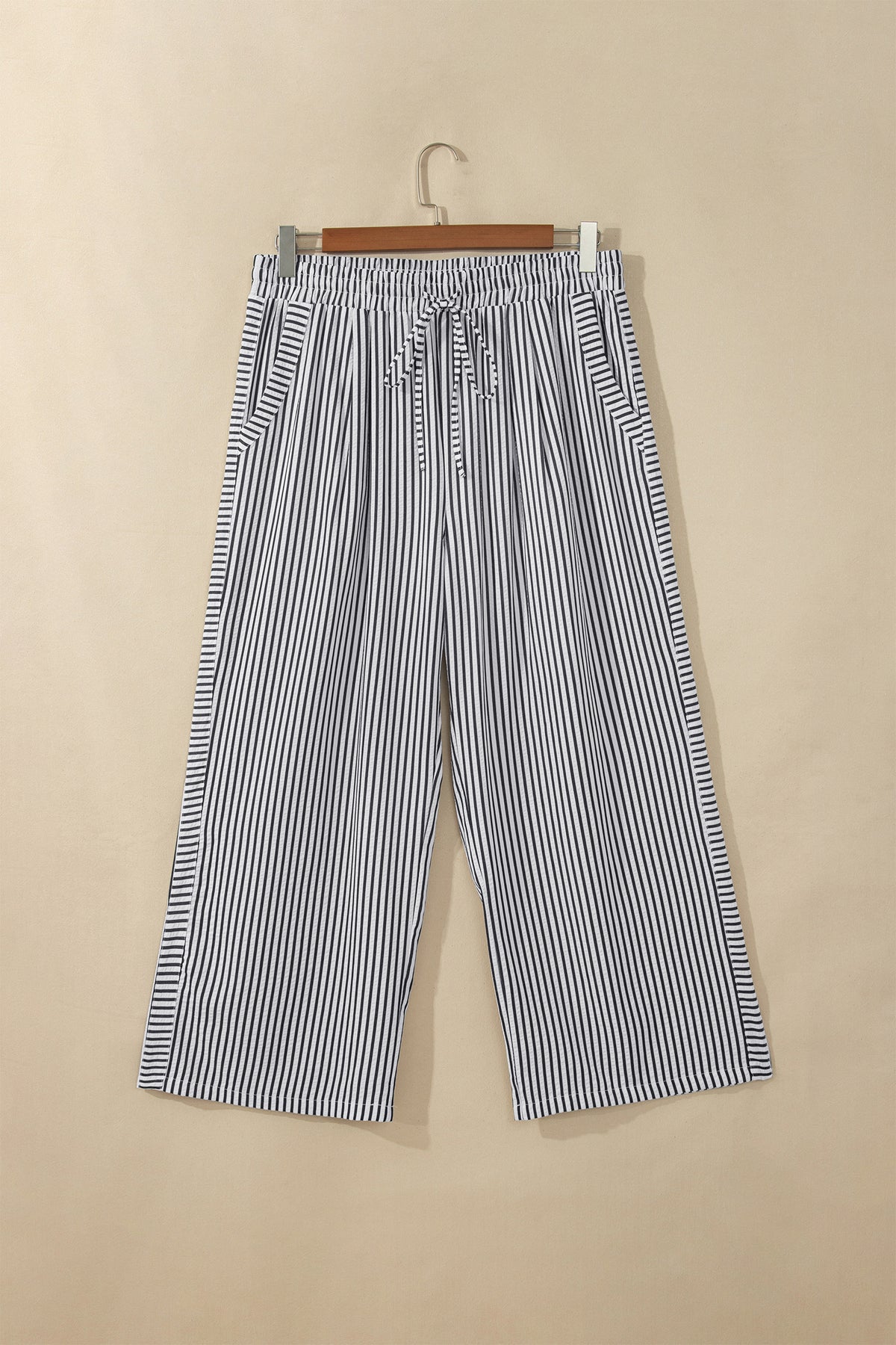 Black Stripe Plus Size Tie Waist Loose Pants