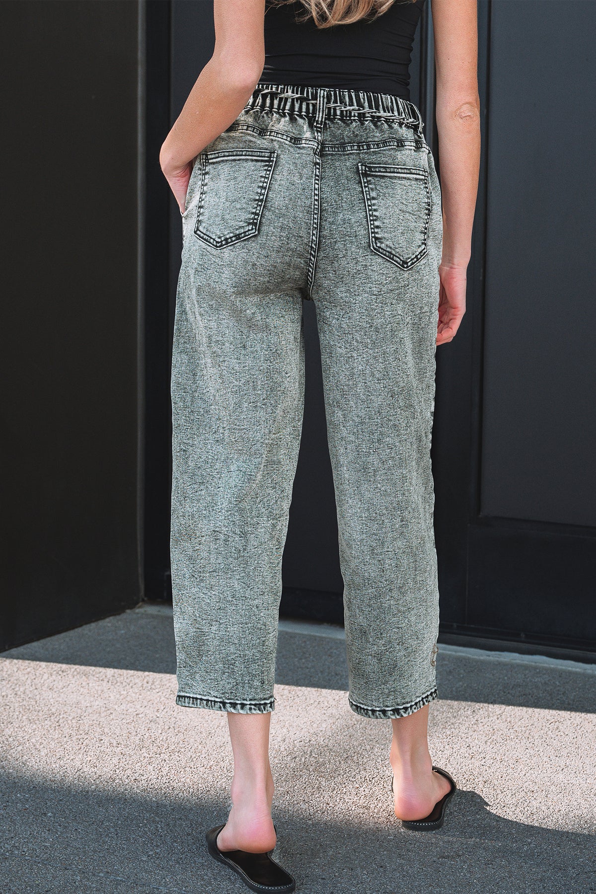 Smoke Gray Acid Wash Tie Waist Denim Pants