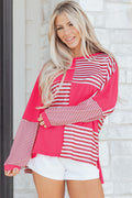 Pink Stripe Color Block Patchwork Drop Shoulder Long Sleeve Tunic Top