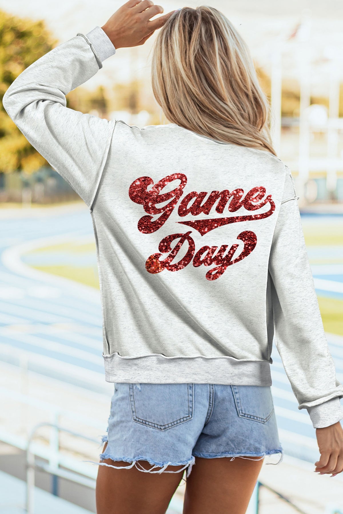 Light Grey Football Patch Sequin Game Day Lettering Mock Neck Tunic Sweatshirt