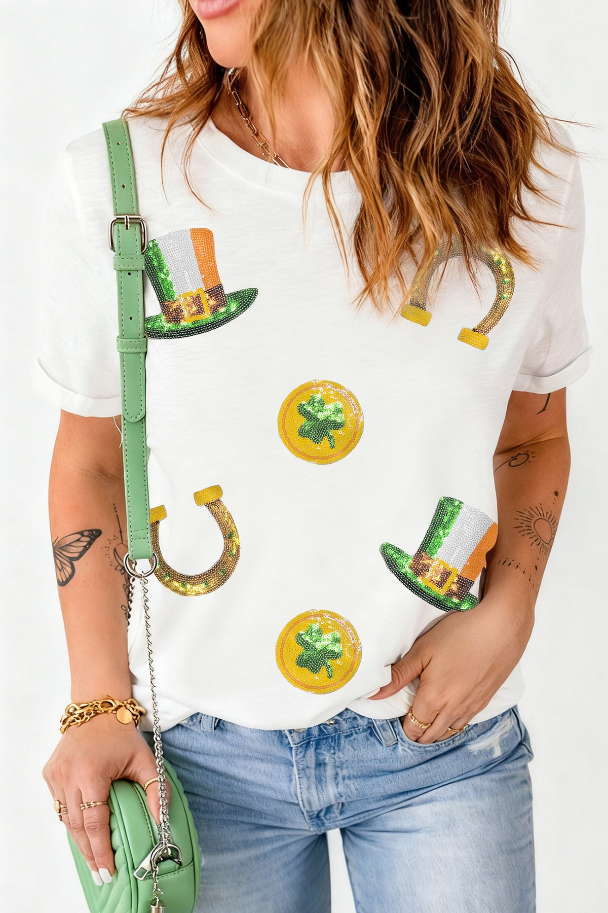 White St Patricks Day Sequin Graphic Casual T Shirt