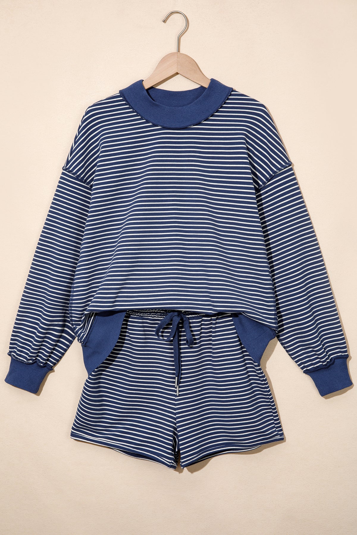 Blue Stripe Ribbed Patchwork Mock Neck Baggy Pullover Matching Shorts Set