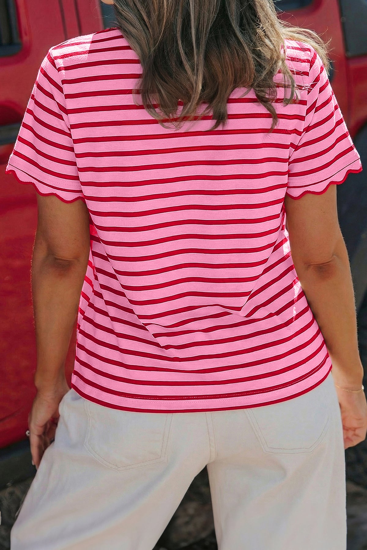 Black Stripe Scalloped Trim Round Neck T Shirt