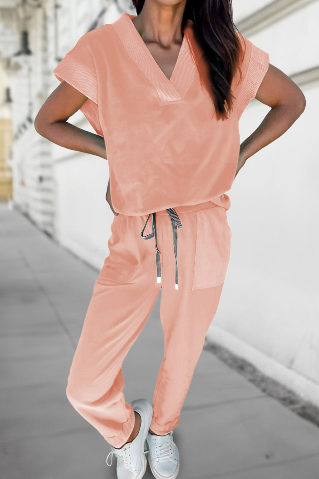 Bonbon Solid Color V Neck Tee Drawstring Pant Set