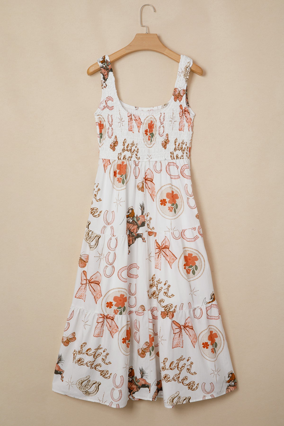 White Western Horseshoe Print U-Neck Sleeveless Midi Dress