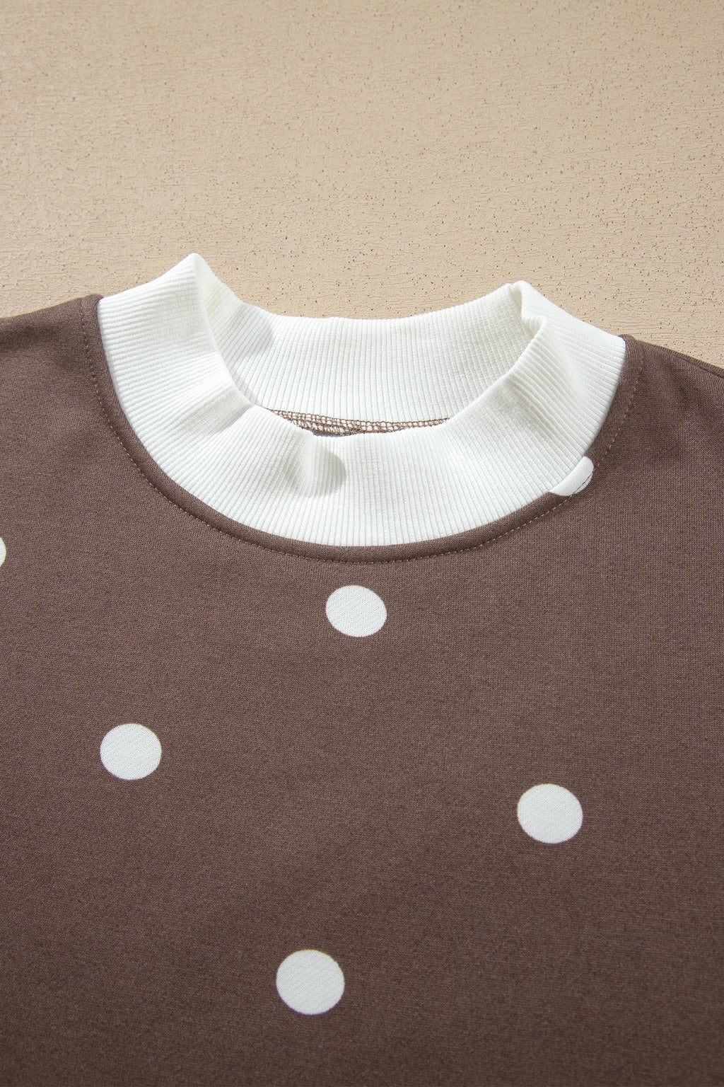 Brown Polka Dot Ribbed Trim Long Sleeve Top Casual Short Set