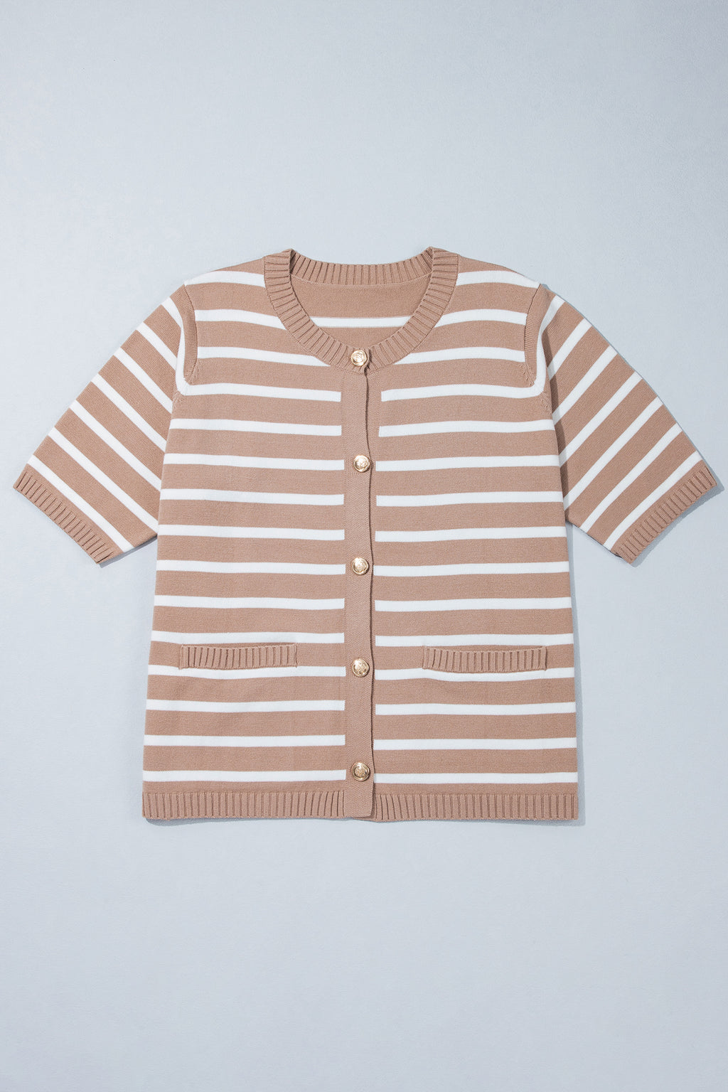 Khaki Stripe Button Down Short Sleeve Knit Plus Size Cardigan