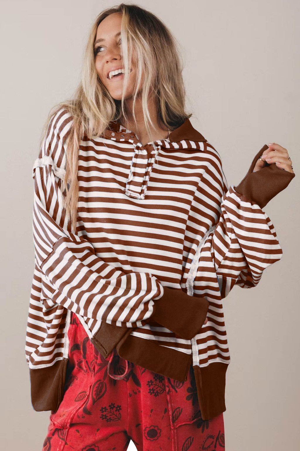 Blue Stripe Color Block Trim Raw Seam Split Hem Loose Pullover Sweatshirt