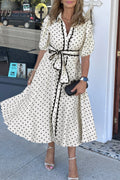 White Polka Dot Printed Contrast Scalloped Trim Dress