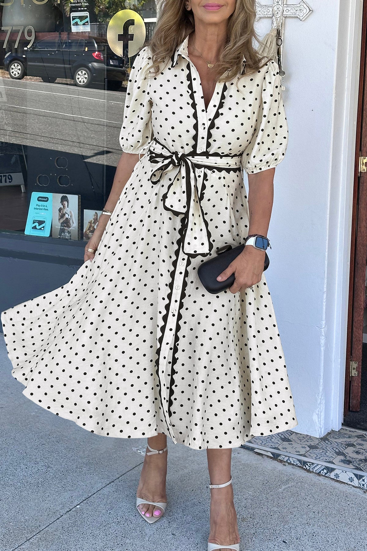 White Polka Dot Printed Contrast Scalloped Trim Dress