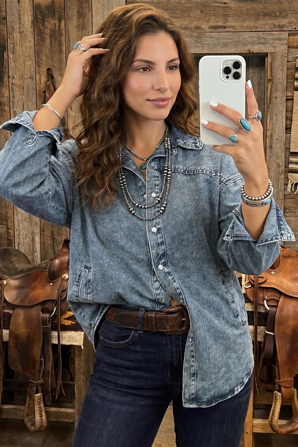 Dusk Blue Western Long Sleeve Shirt Collar Tunic Denim Jacket