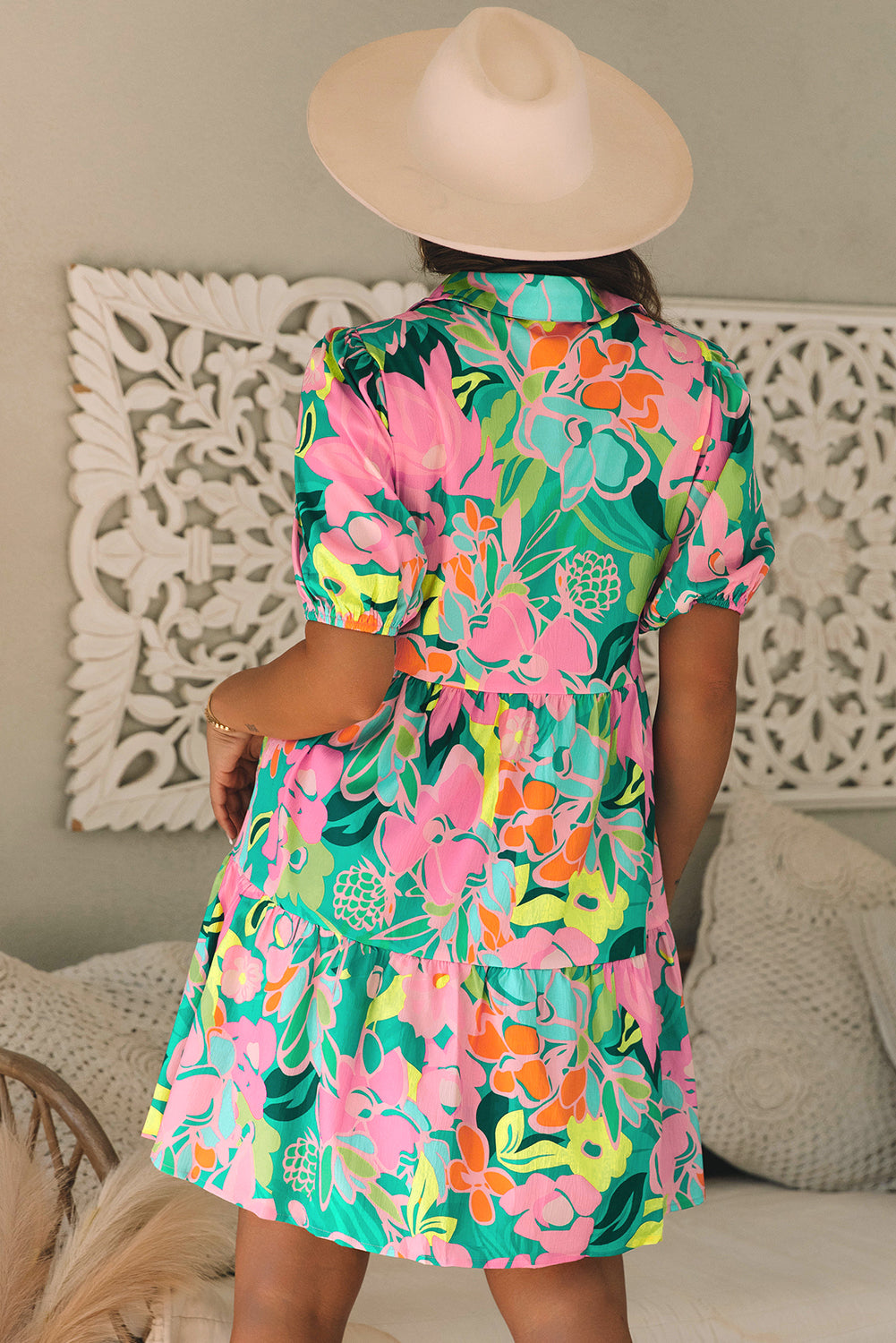 Green Floral Buttoned Babydoll Dress