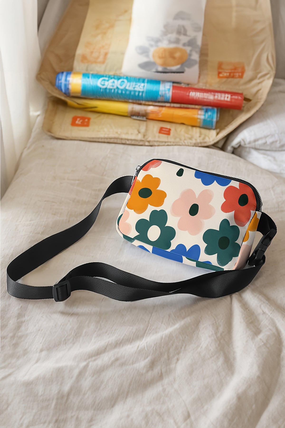 White Cute Flower Printed Canvas Crossbody Bag