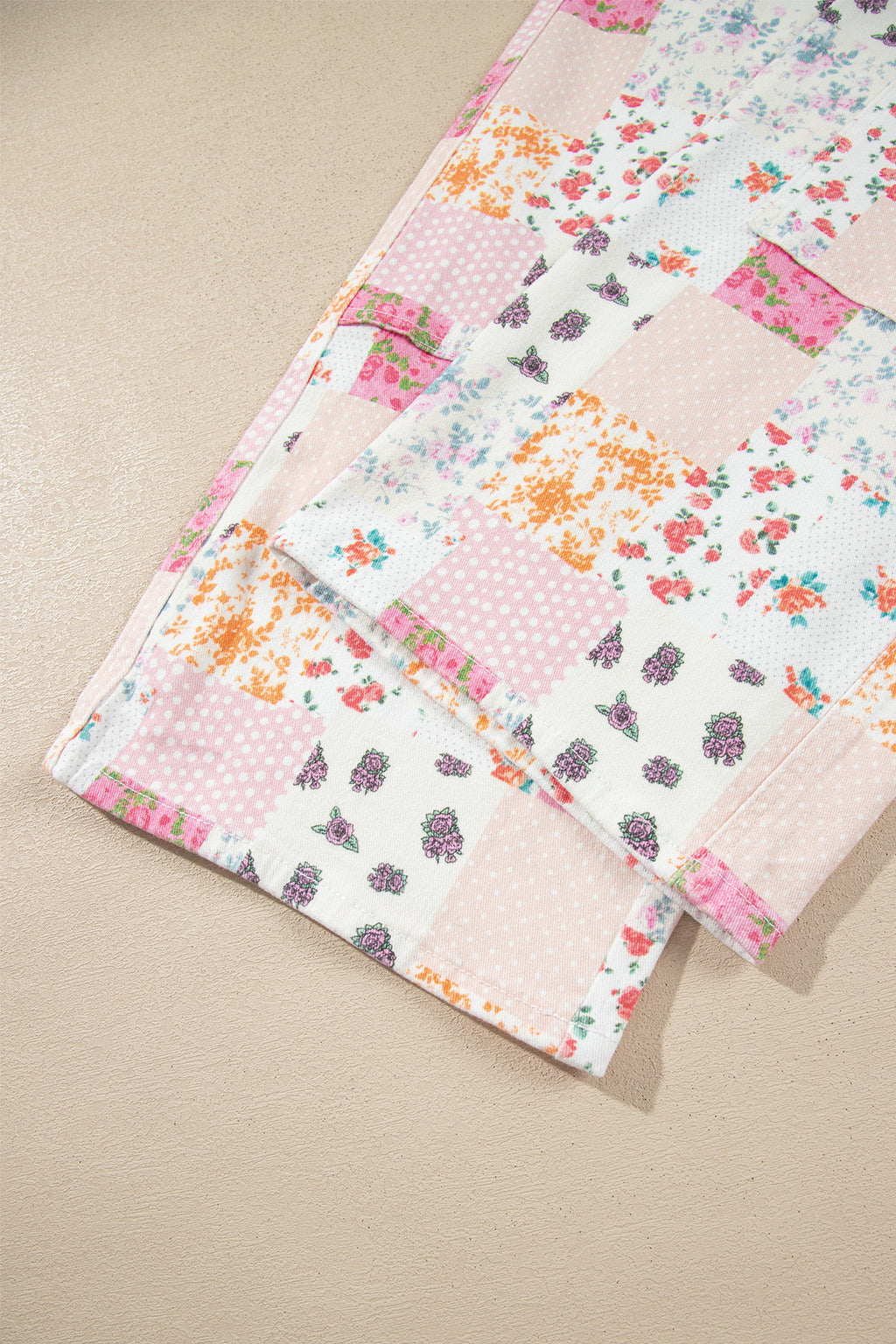 Pink Floral Patchwork Wide Leg Full Length Jeans