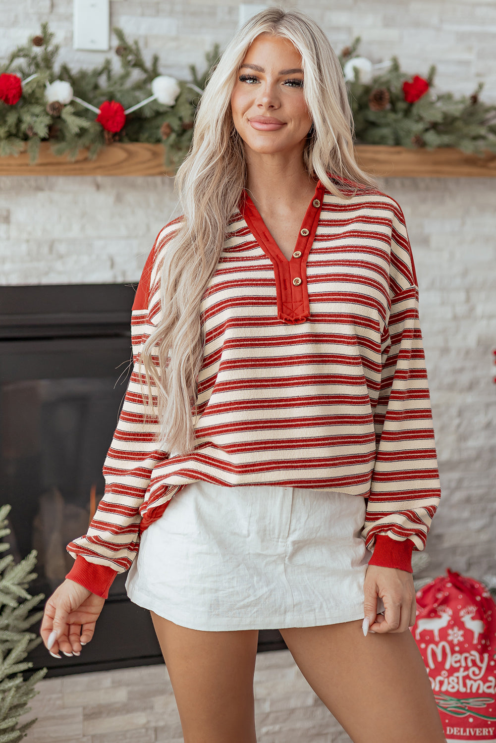 Pink Stripe V Neck Collared Shoulder Top