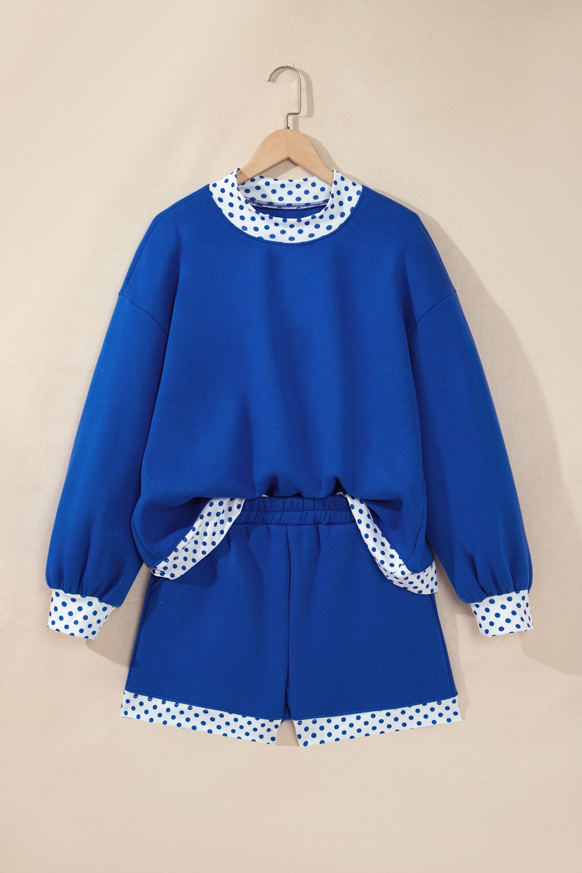 Navy Blue Polka Dot Trim Baggy Pullover 2pcs Short Set