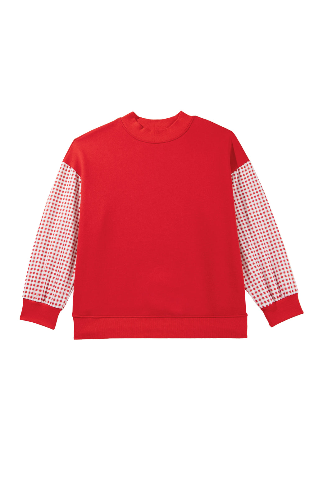 Fiery Red Patchwork Plaid Loose Fit Long Sleeve Plus Size Sweatshirt