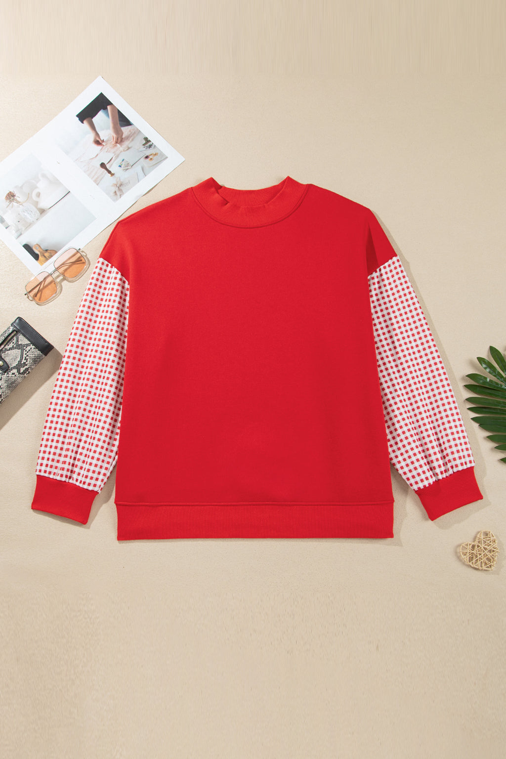 Fiery Red Patchwork Plaid Loose Fit Long Sleeve Plus Size Sweatshirt