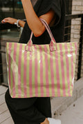 Pink Glossy Striped Vinyl Large Tote Bag (Color Varied)
