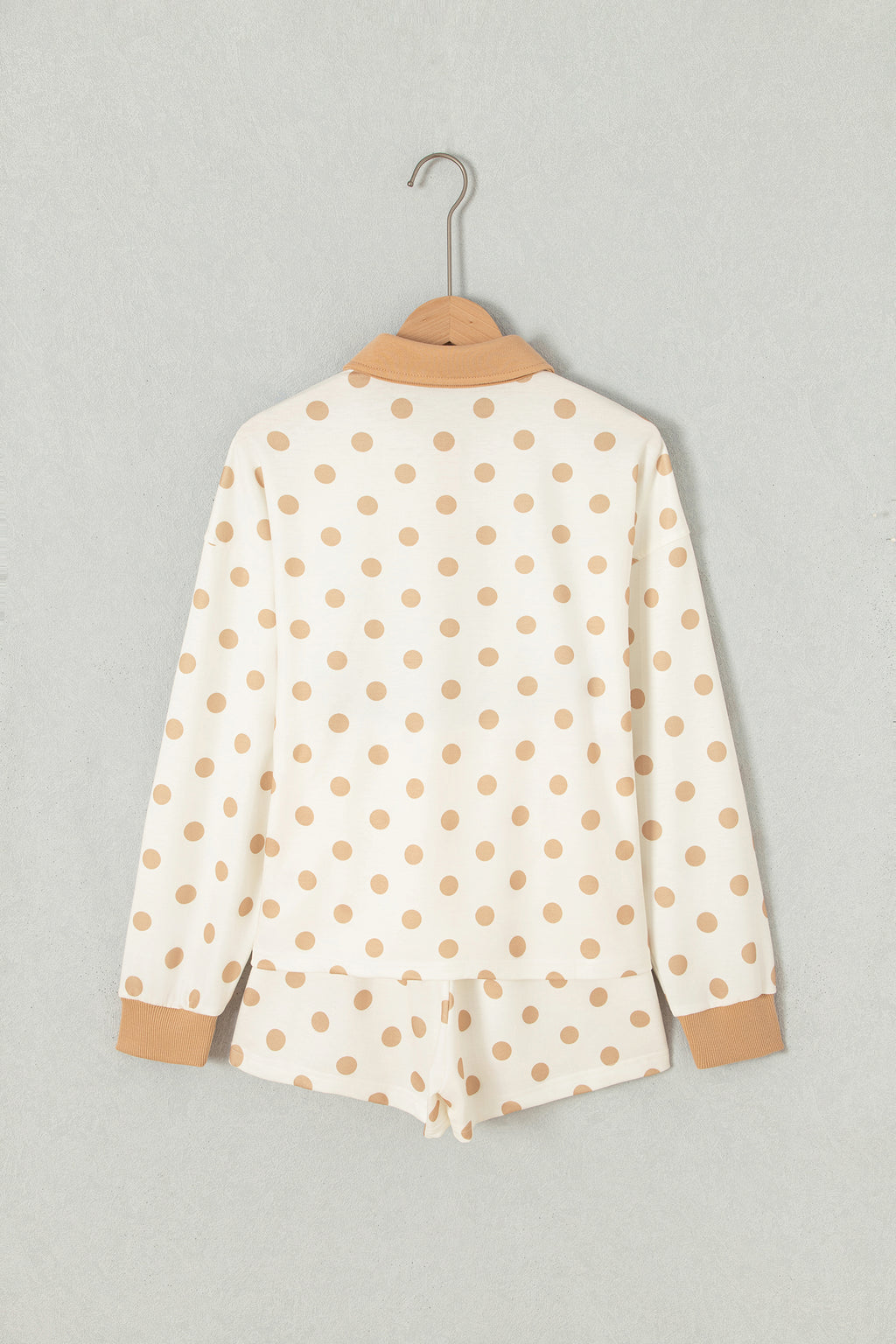 Pink Polka Dot Drop Shoulder Polo Loose Pullover Patch Pocket Casual Shorts Set