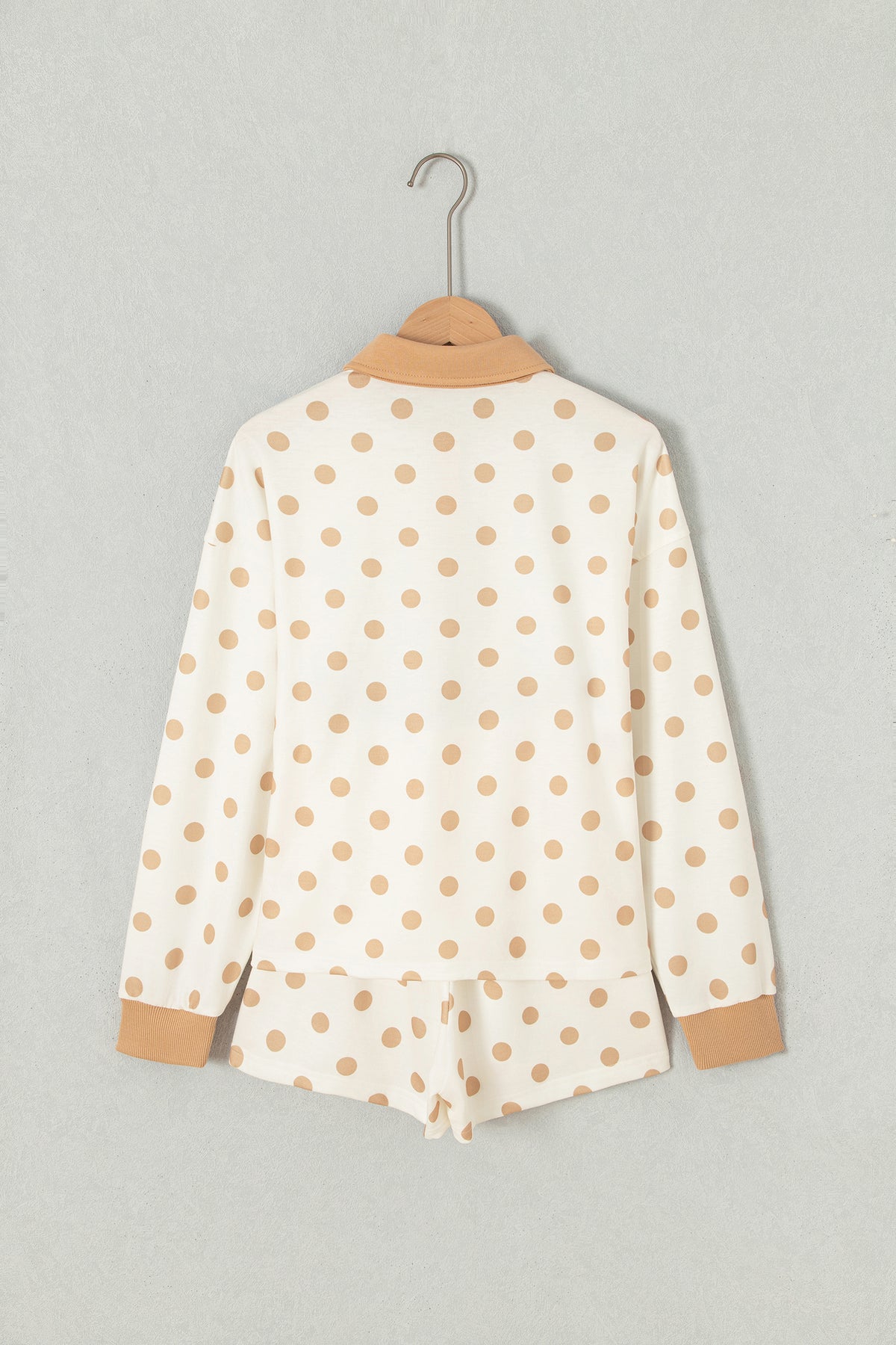 Pink Polka Dot Drop Shoulder Polo Loose Pullover Patch Pocket Casual Shorts Set
