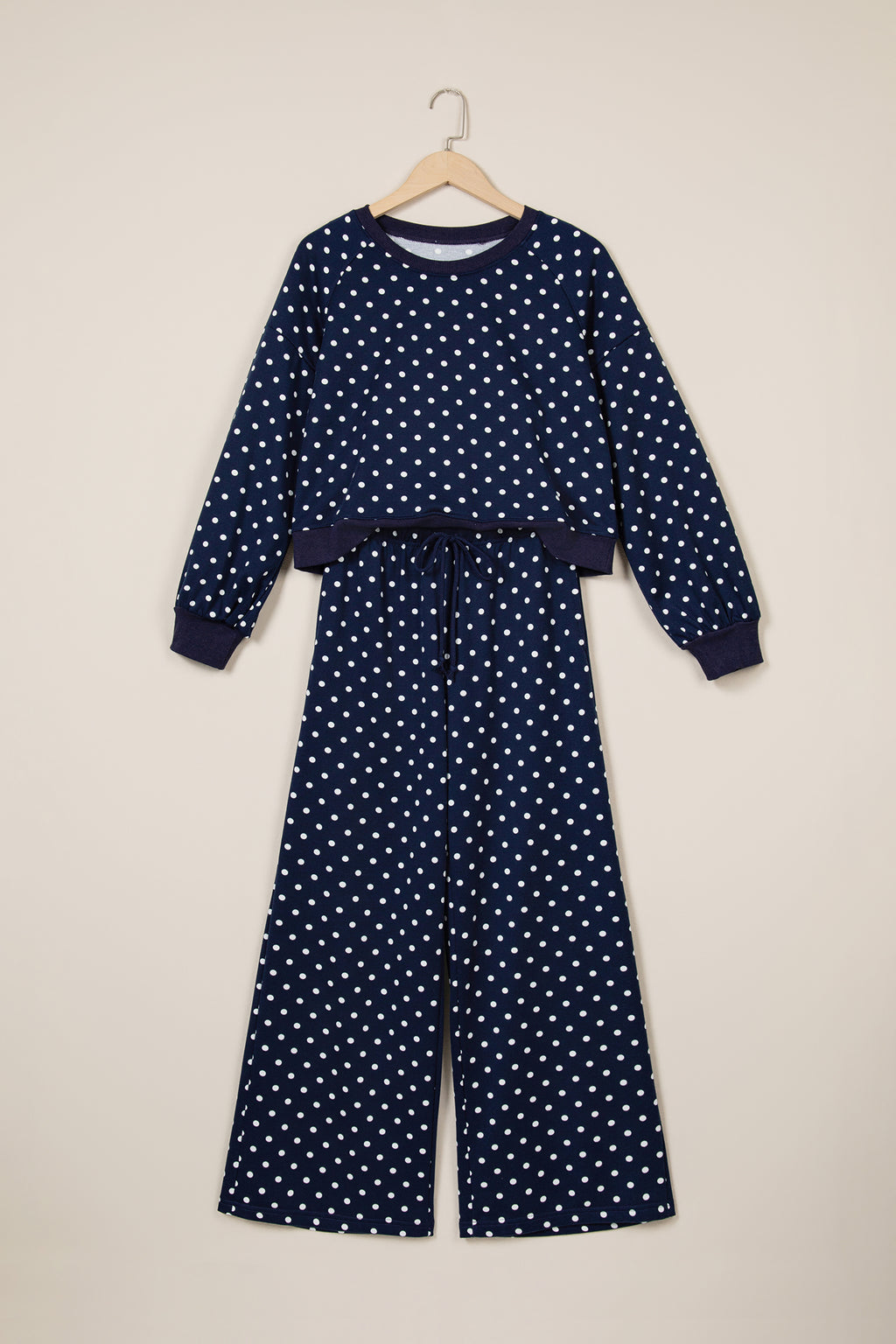 Red Polka Dot Drawstring Wide Leg Long Sleeve Top Pant Set