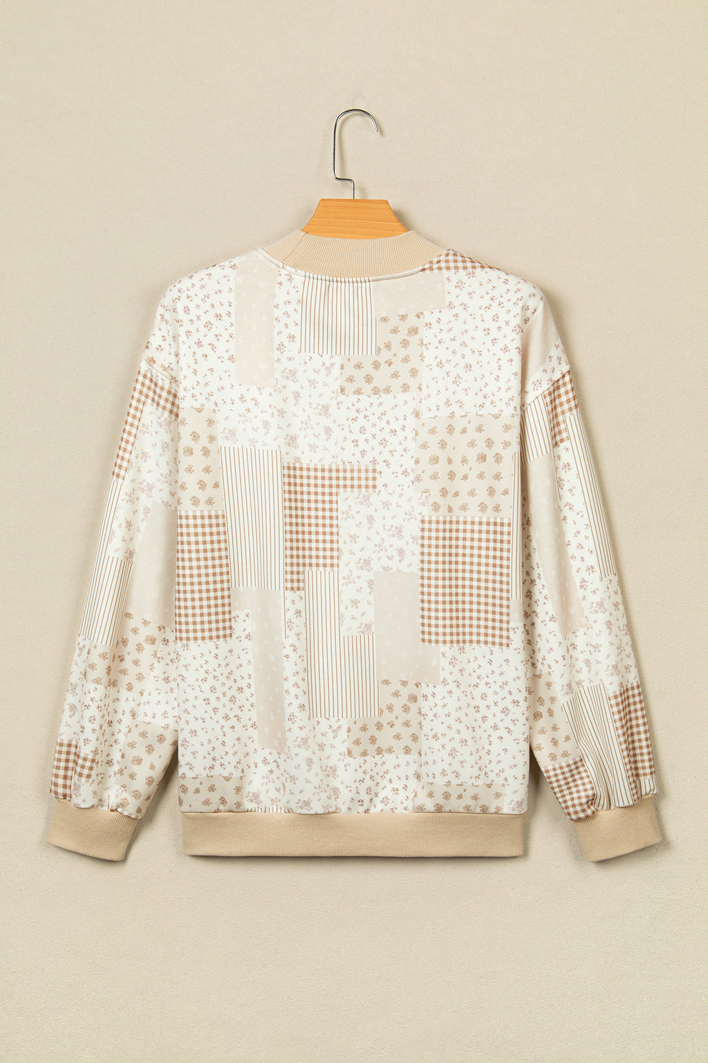 Sky Blue Patchwork Floral Print Mock Neck Long Sleeve Sweatshirt