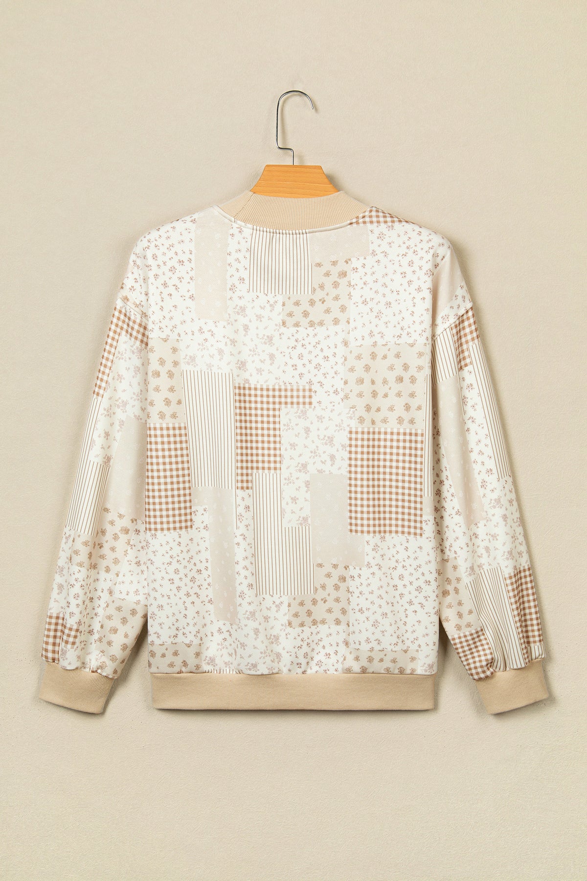 Sky Blue Patchwork Floral Print Mock Neck Long Sleeve Sweatshirt