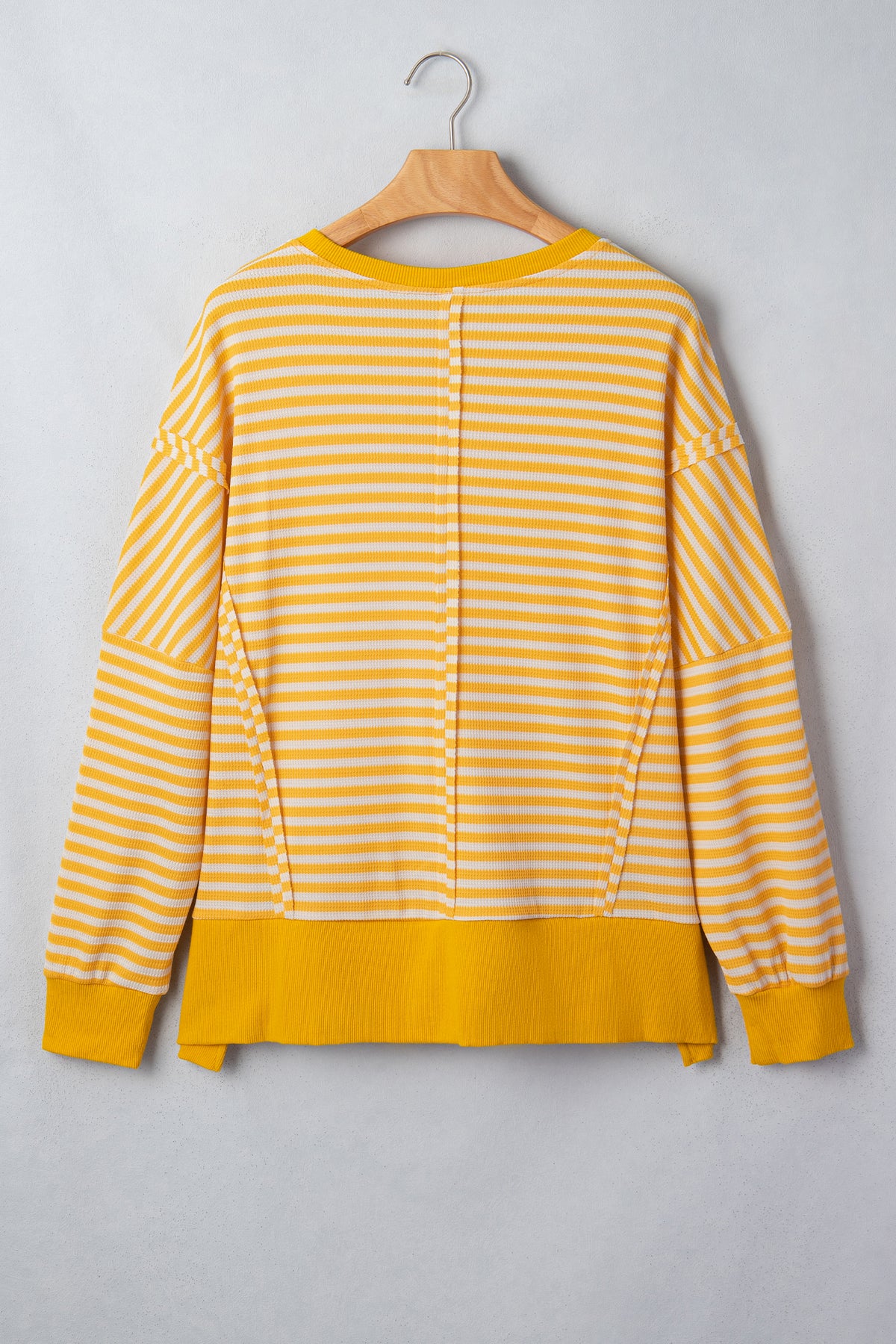 Pink Stripe Textured Knit Color Block Trim Split Hem Long Sleeve Top