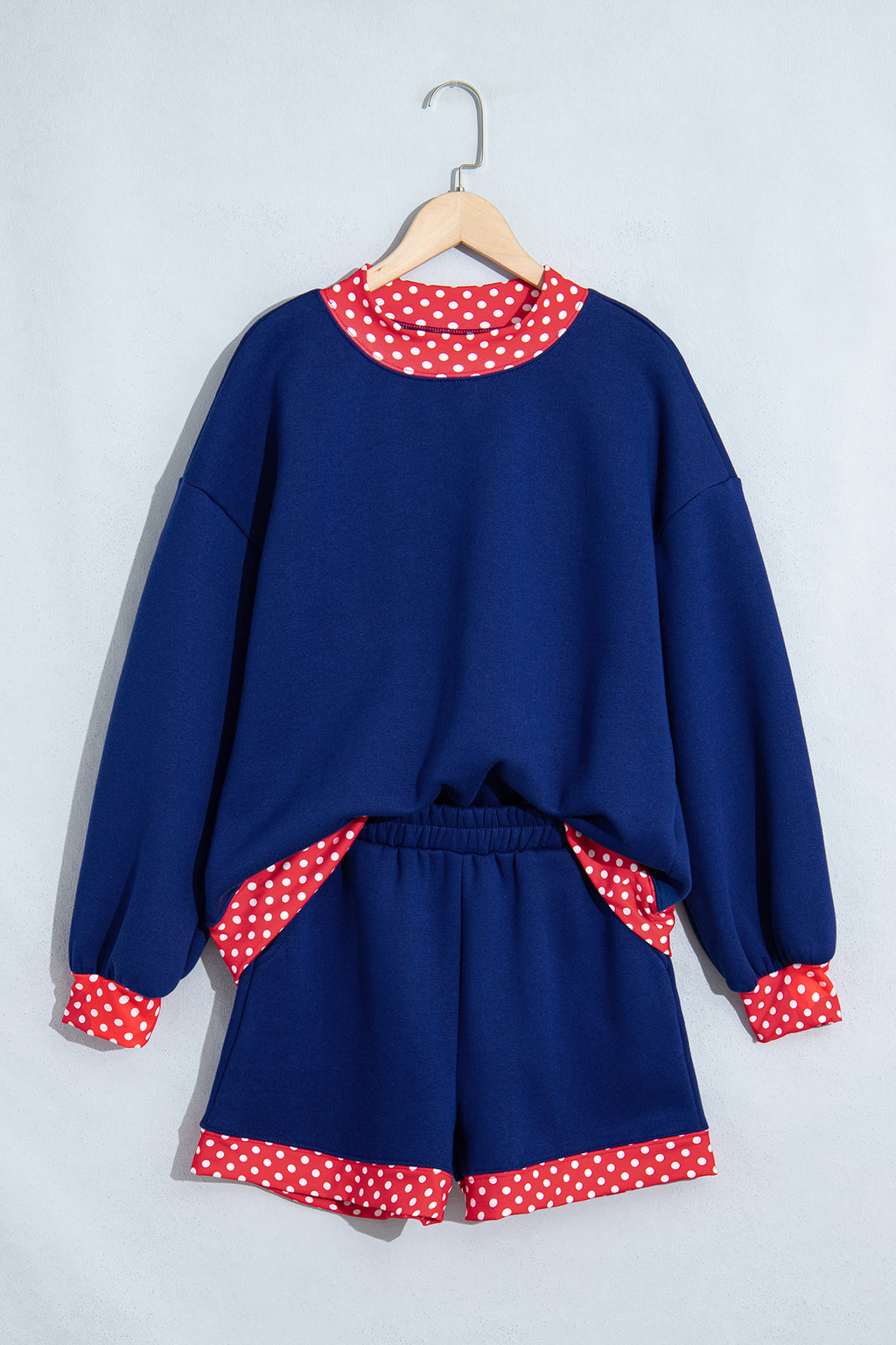 Navy Blue Polka Dot Trim Baggy Pullover 2pcs Short Set