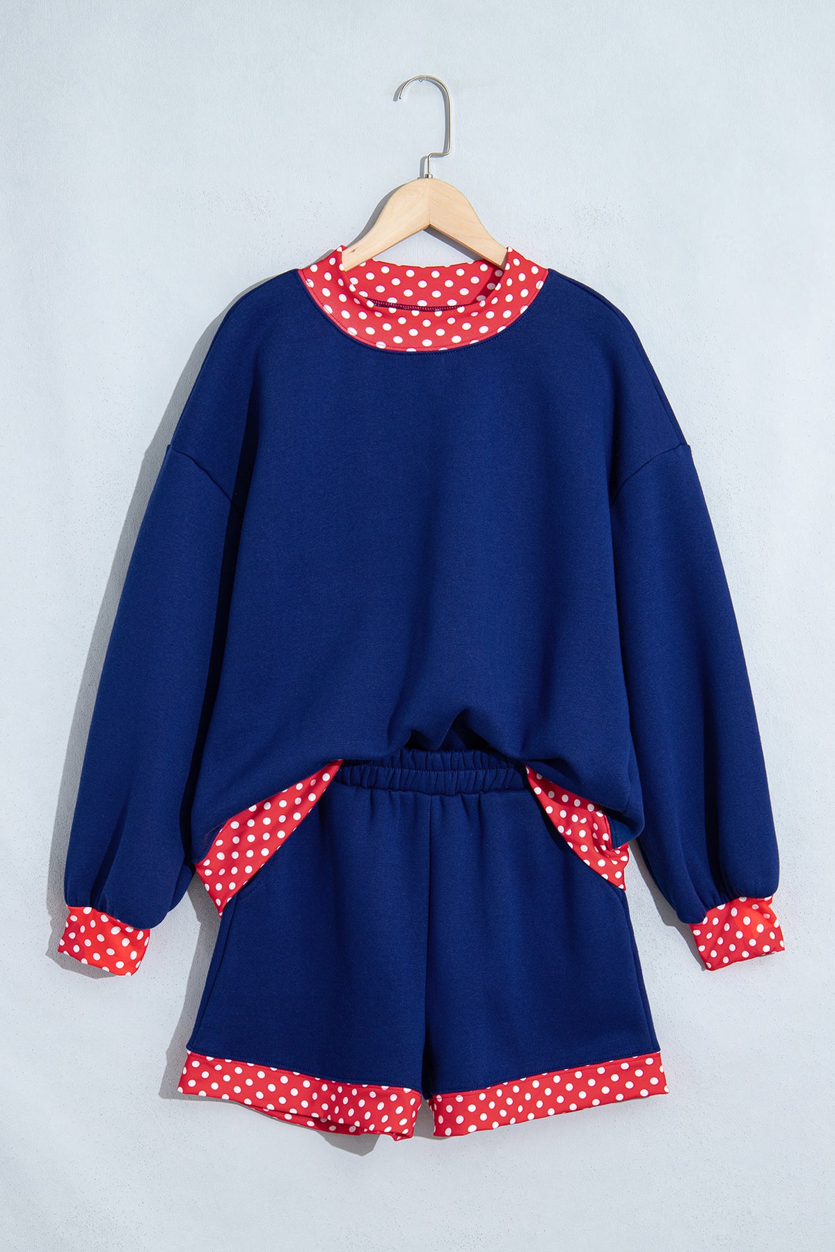 Navy Blue Polka Dot Trim Baggy Pullover 2pcs Short Set