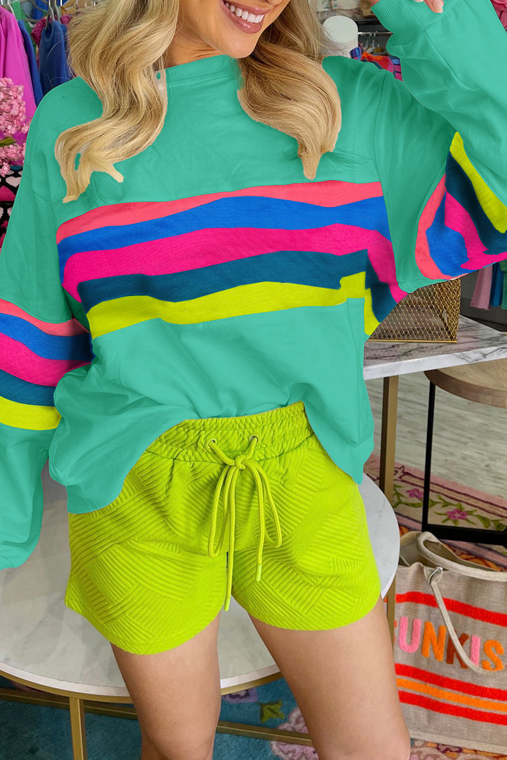 White Colorful Striped Accent Long Sleeve T Shirt