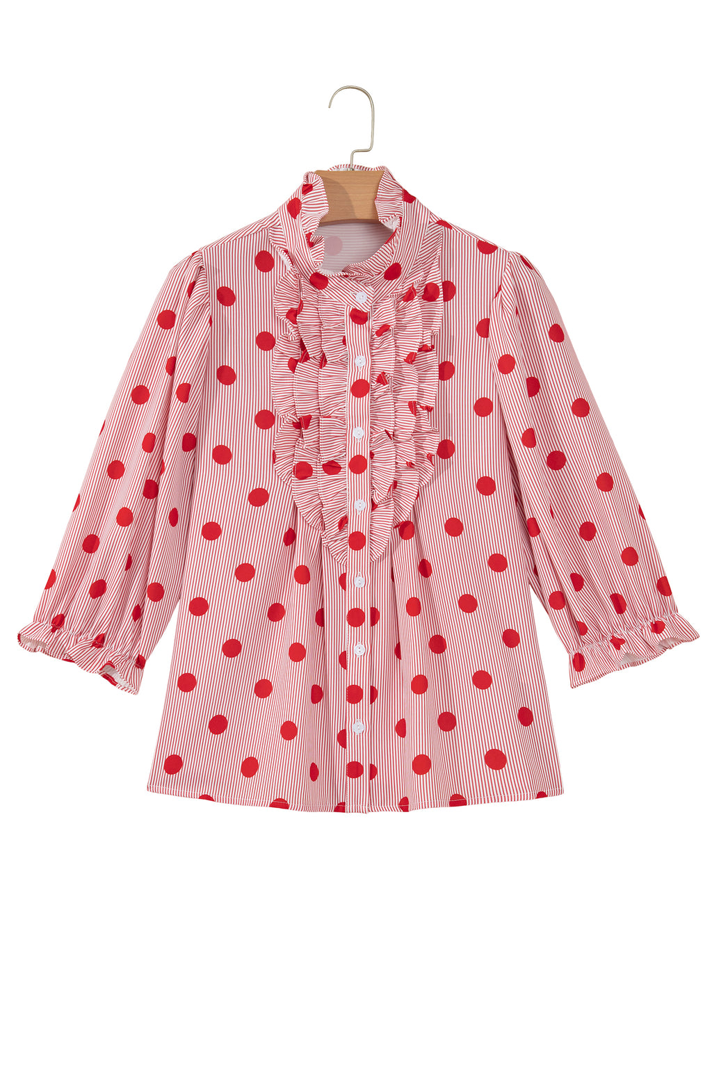 Sky Blue Polka Dot Print Ruffle Stand Neck 3/4 Sleeve Shift Shirt