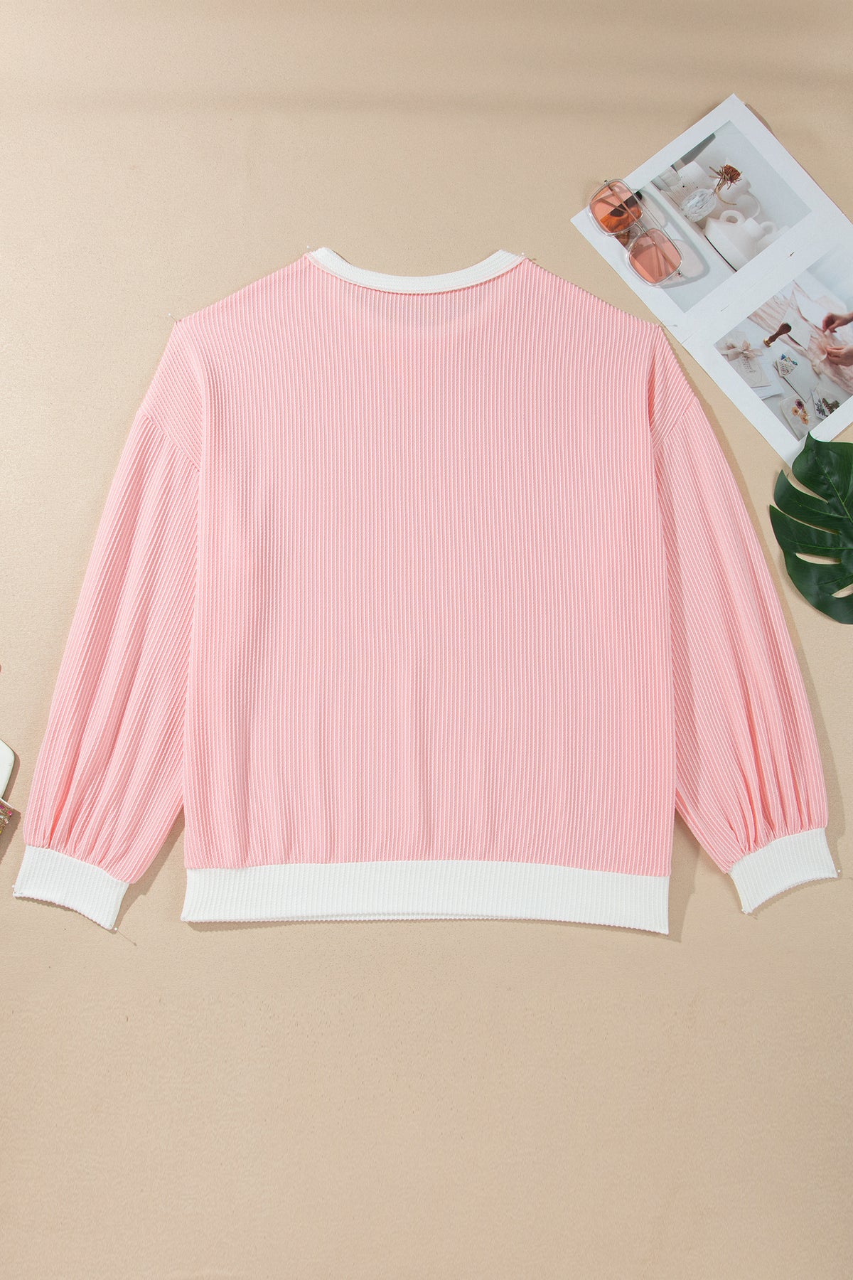 Pink Ribbed Knit Colorblock Long Sleeve Round Neck Plus Size Blouse