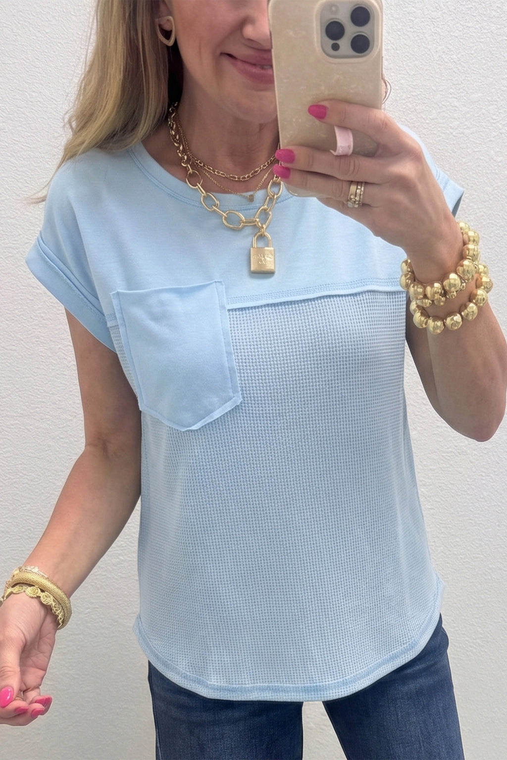 Pink Solid Patchwork Casual T Shirt
