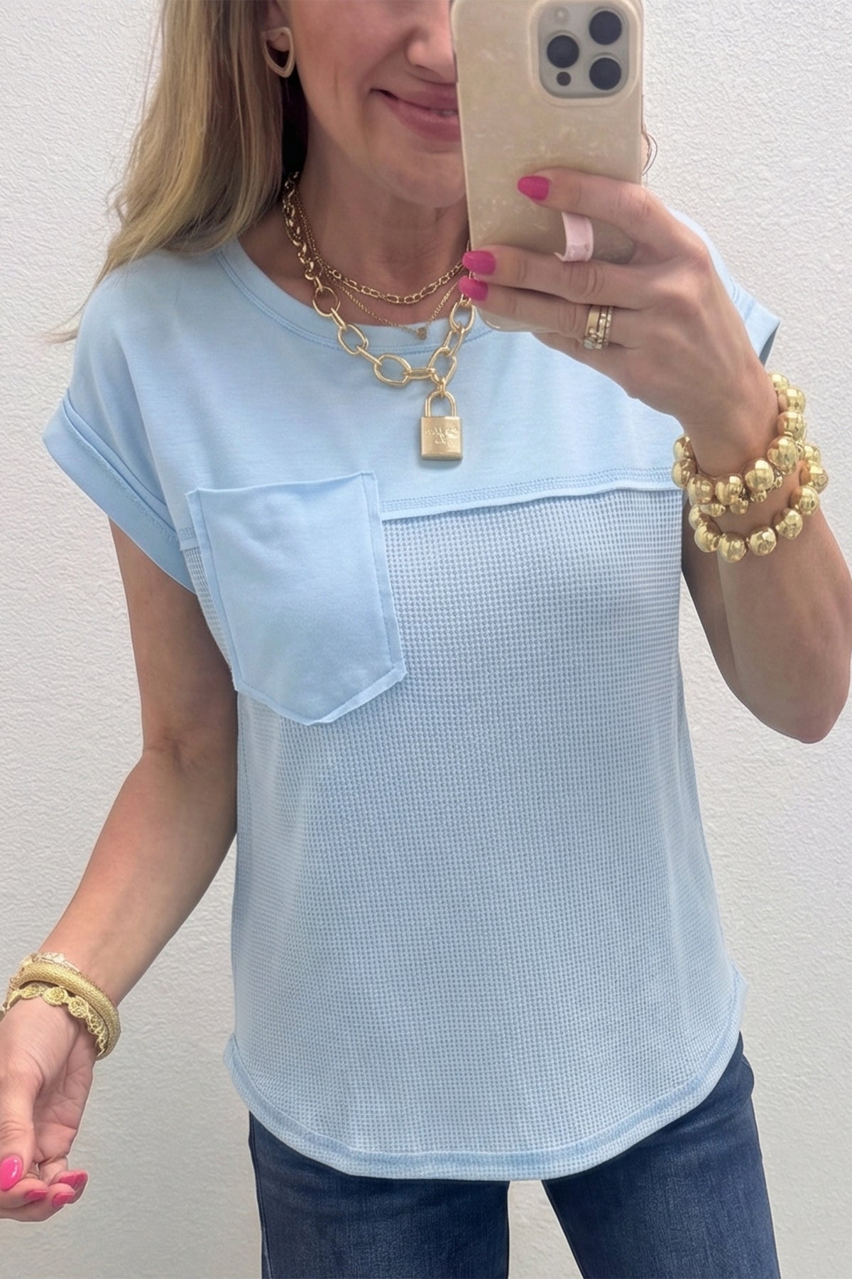 Pink Solid Patchwork Casual T Shirt