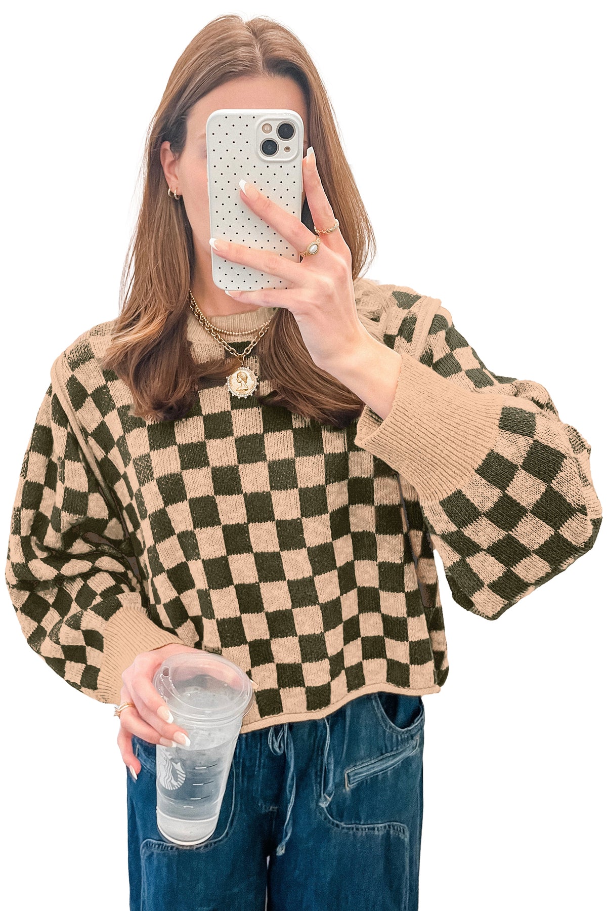 Multicolour Drop Shoulder Plaid Knit Long Sleeve Sweater