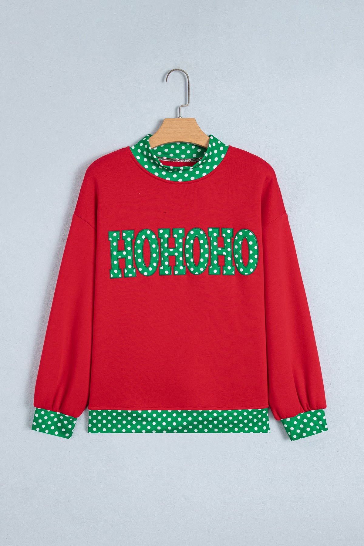 Fiery Red Polka Dot Letter Print Contrast Trim Mock Neck Sweatshirt