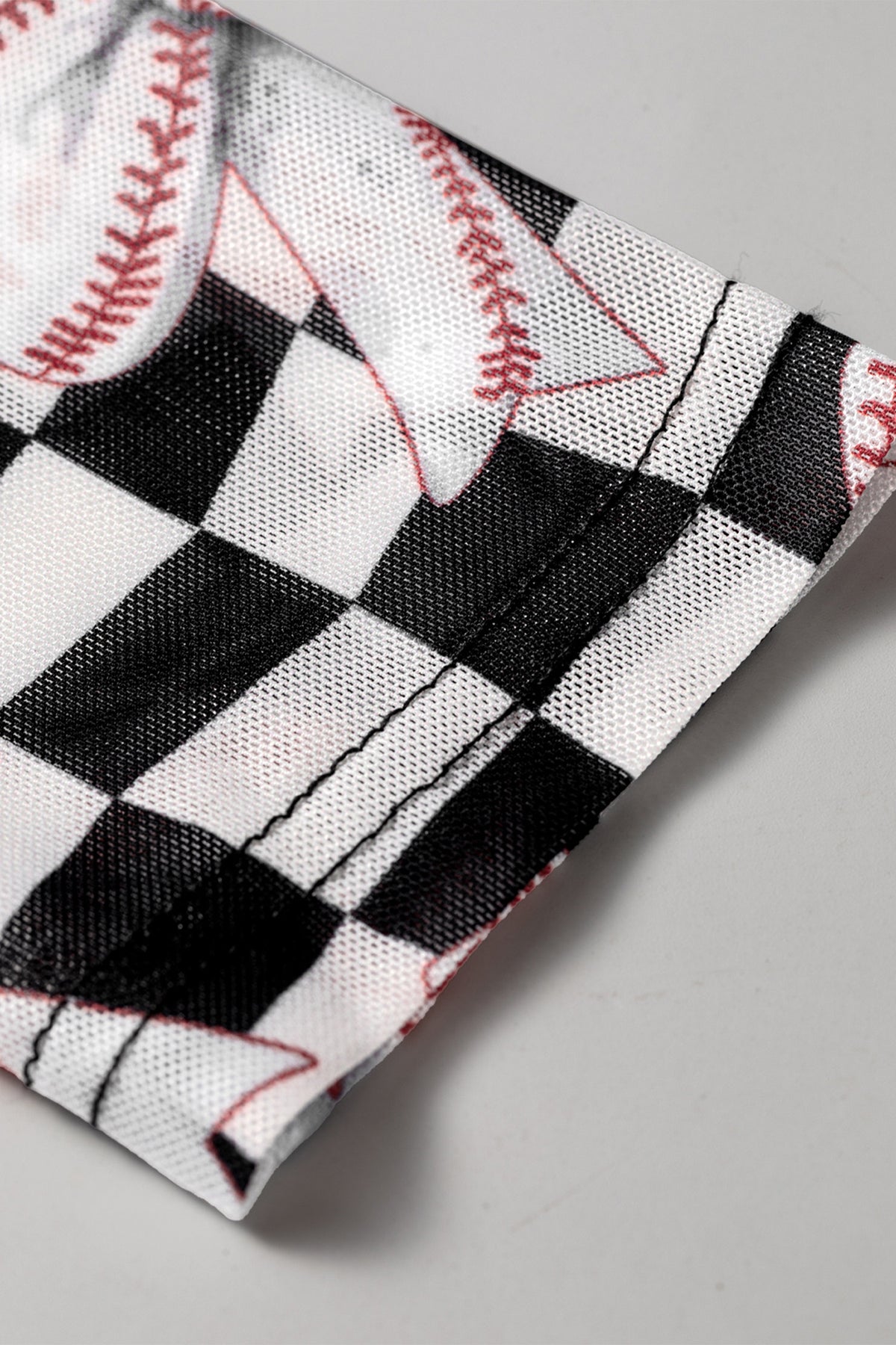 Black Checkered Baseball Bow Print High Neck Long Sleeve Mesh Top