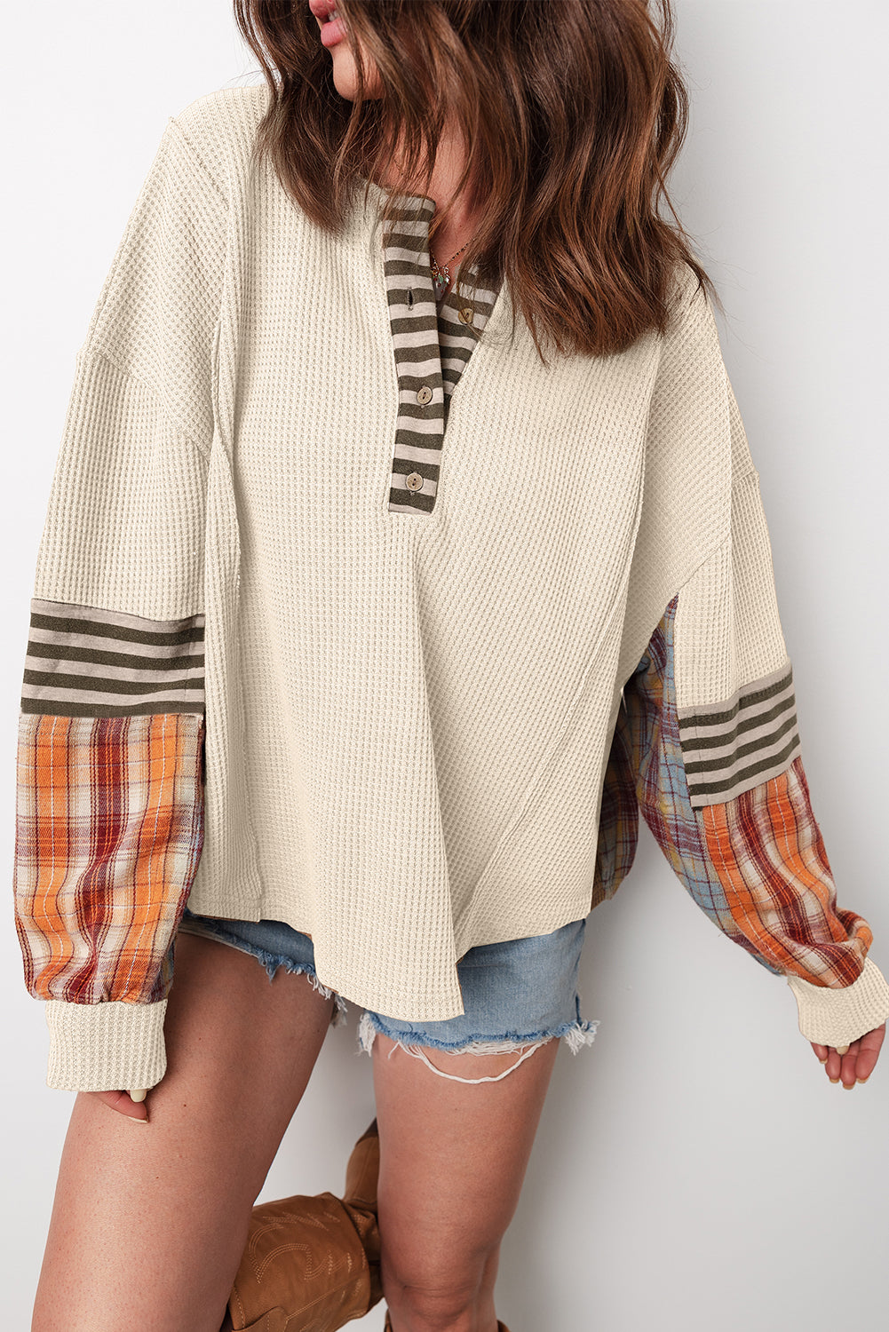 Plaid Patchwork Henley Knit Top
