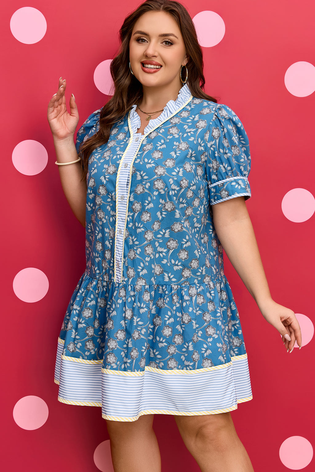 Blue Plus Size Floral Print Ruffle Hem Dress