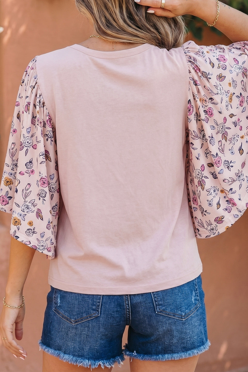 Pink Contrast Floral Half Sleeve Blouse