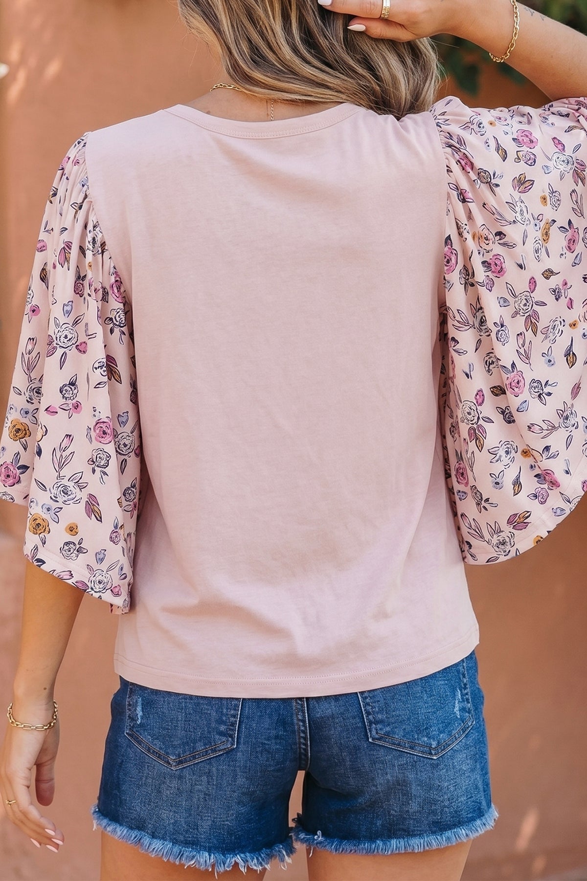 Pink Contrast Floral Half Sleeve Blouse
