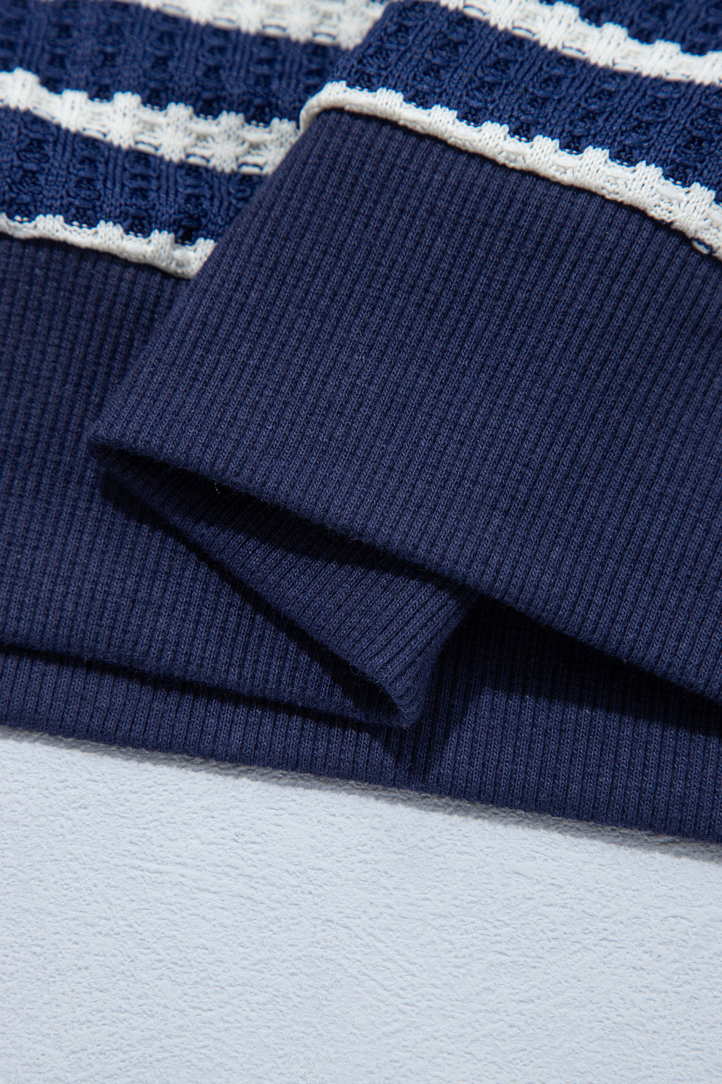 Blue Stripe Textured Knit Half Zip Collared Long Sleeve Top
